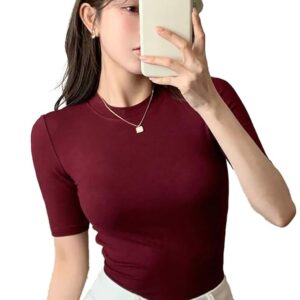 Istyle Can Slim Fit Plain Stretchable Round Neck Rib Knit Short Sleeve Regular Top for Women